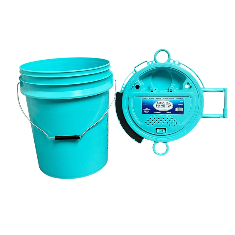 Justforfishing.com 5 Gallon Bucket with Essential Top (Aqua) Integrated with Magnet pad, Rod, net, line, Tool Accessories Holder and Vented Opening, Holes for Live Bait.