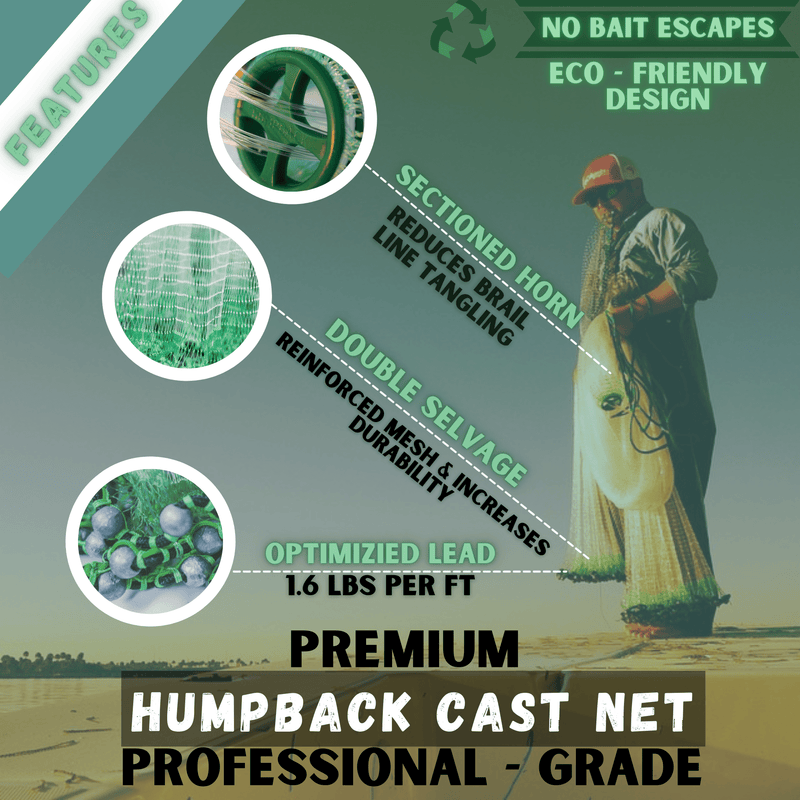 Humpback Cast Nets Humpback Bait Shallow Water Cast Net  ( 3/8" Sq. Mesh) 1.3lb per ft